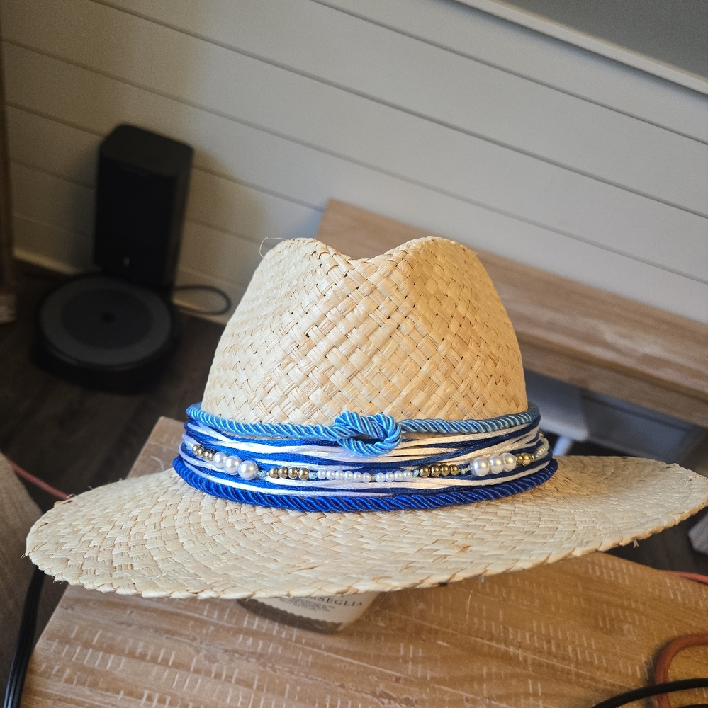 Adrianna Papell Straw Hat with Blue Accents